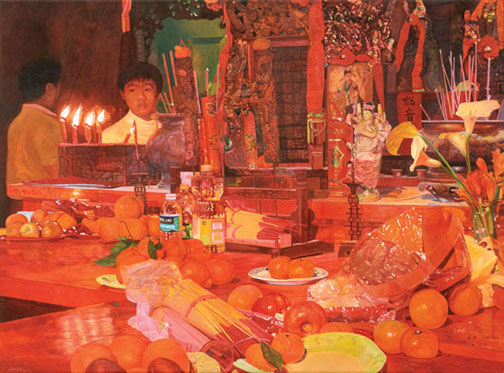 Altar in asian temple, many fruit offerings